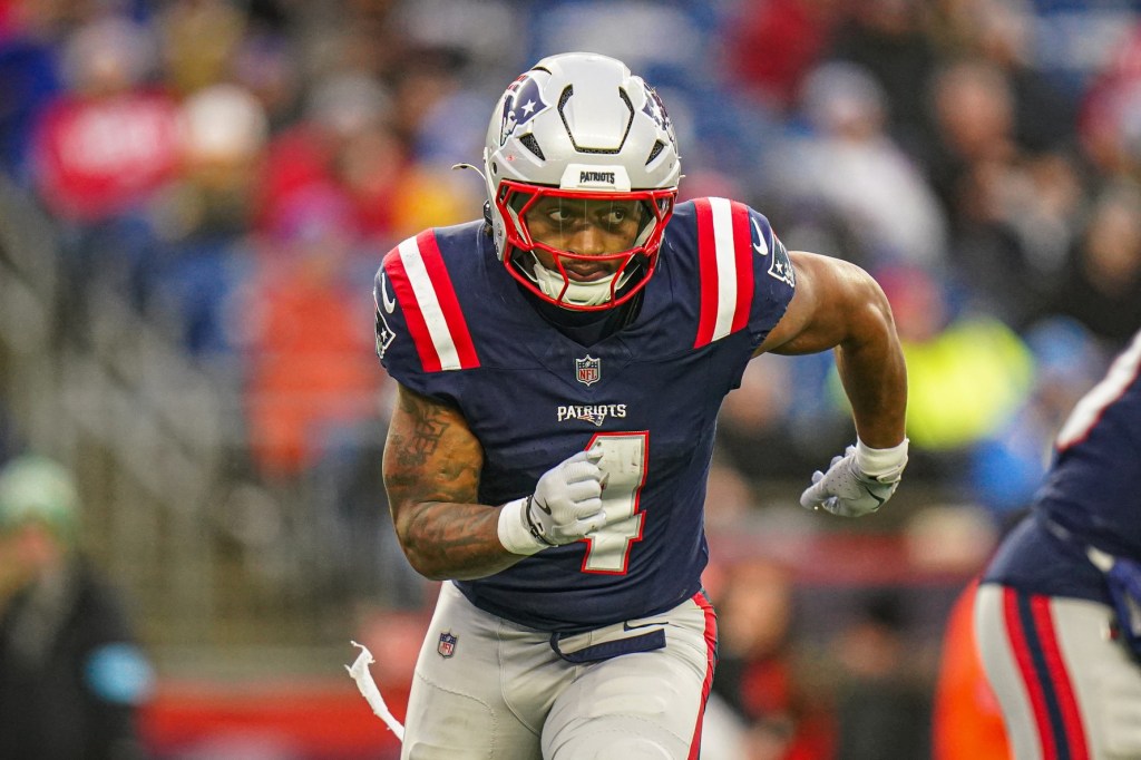 Dec 28, 2024; Foxborough, Massachusetts, USA; New England Patriots running back Antonio Gibson (4) on the field against the Los Angeles Chargers in the second half at Gillette Stadium.