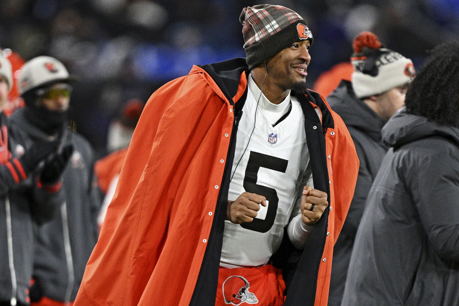 Jan 4, 2025; Baltimore, Maryland, USA; Cleveland Browns quarterback Jameis Winston (5) reacts during the game against Baltimore Ravens at M&T Bank Stadium.