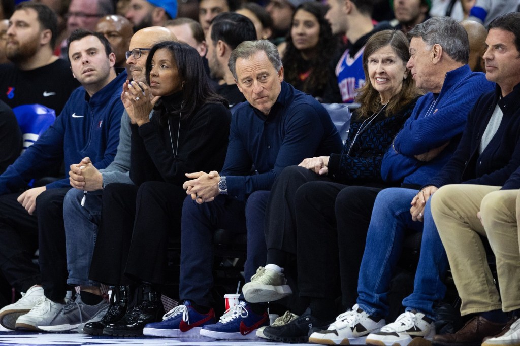 Jan 14, 2025; Philadelphia, Pennsylvania, USA; Philadelphia 76ers owner Josh Harris (middle) look on during the fourth quarter against the Oklahoma City Thunder at Wells Fargo Center.