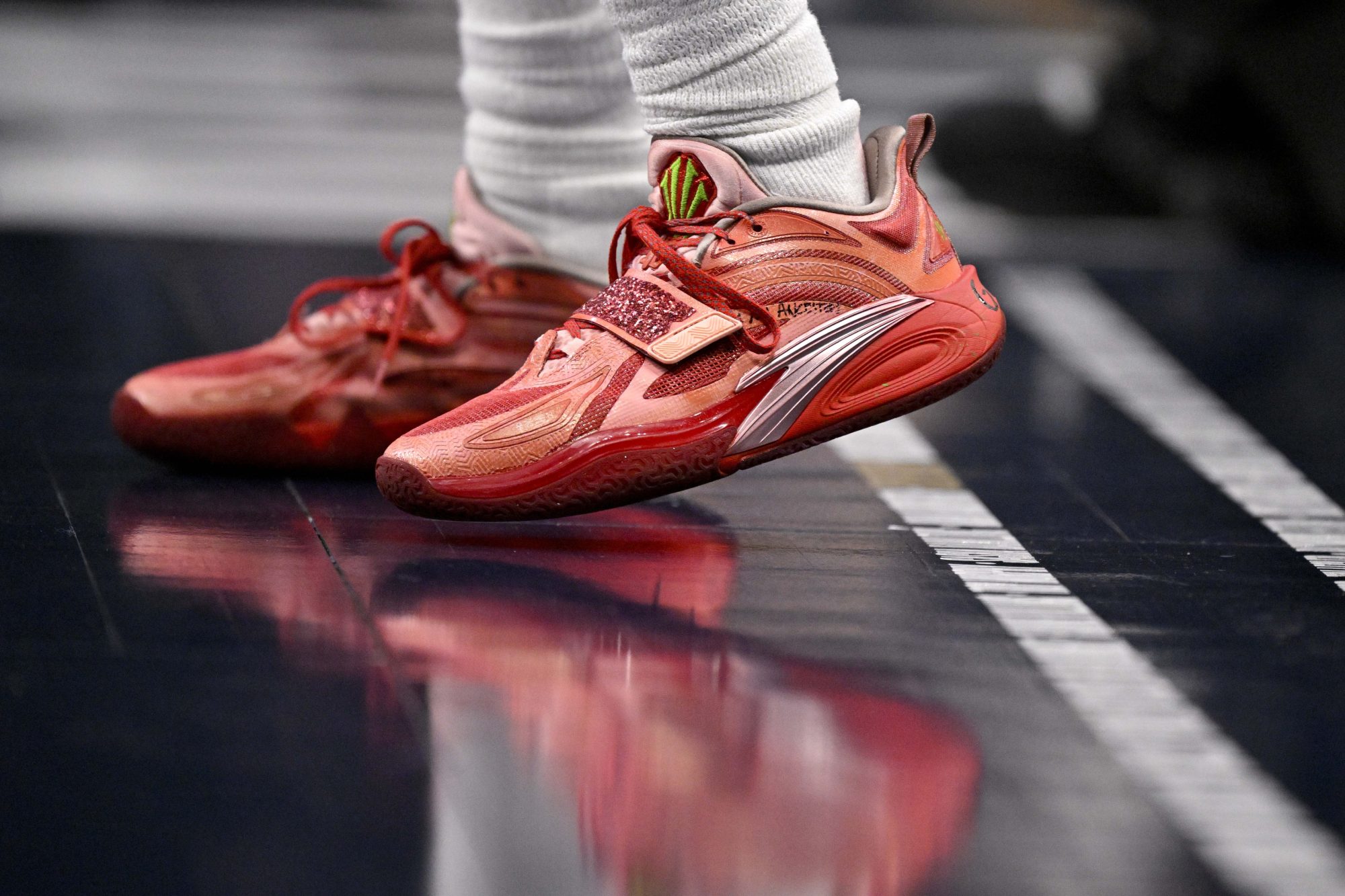 Jan 17, 2025; Dallas, Texas, USA; A view of the shoes of Dallas Mavericks guard Kyrie Irving (11) during the second half against the Oklahoma City Thunder at the American Airlines Center.