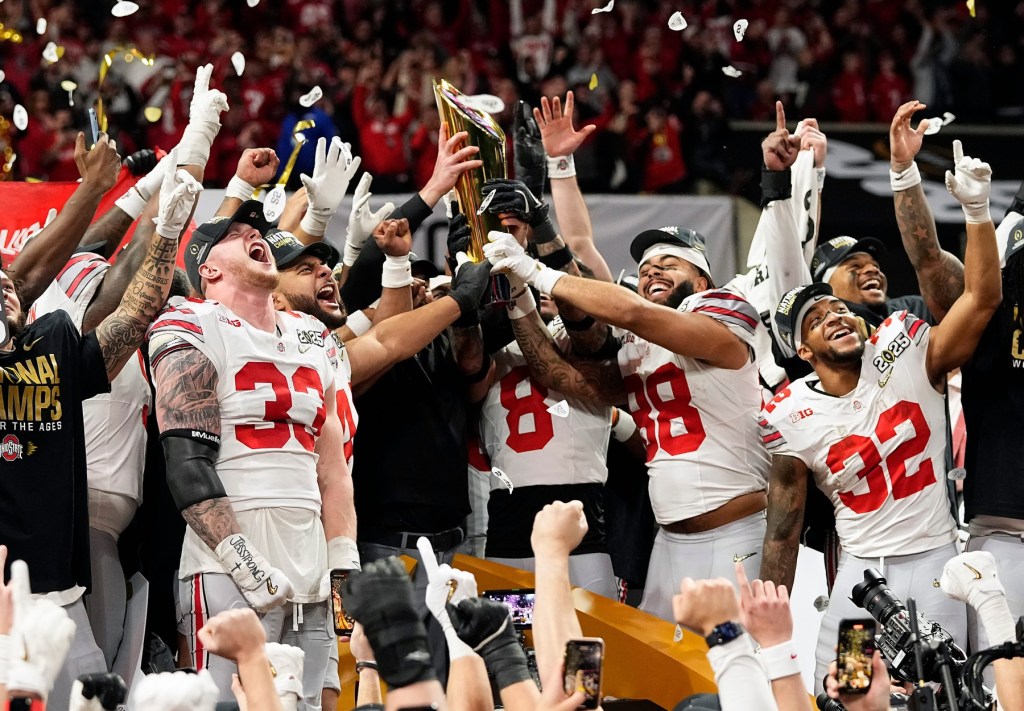 Ohio State Buckeyes celebrate their 34-23 win over Notre Dame Fighting Irish to win the College Football Playoff National Championship at Mercedes-Benz Stadium in Atlanta on January 20, 2025.