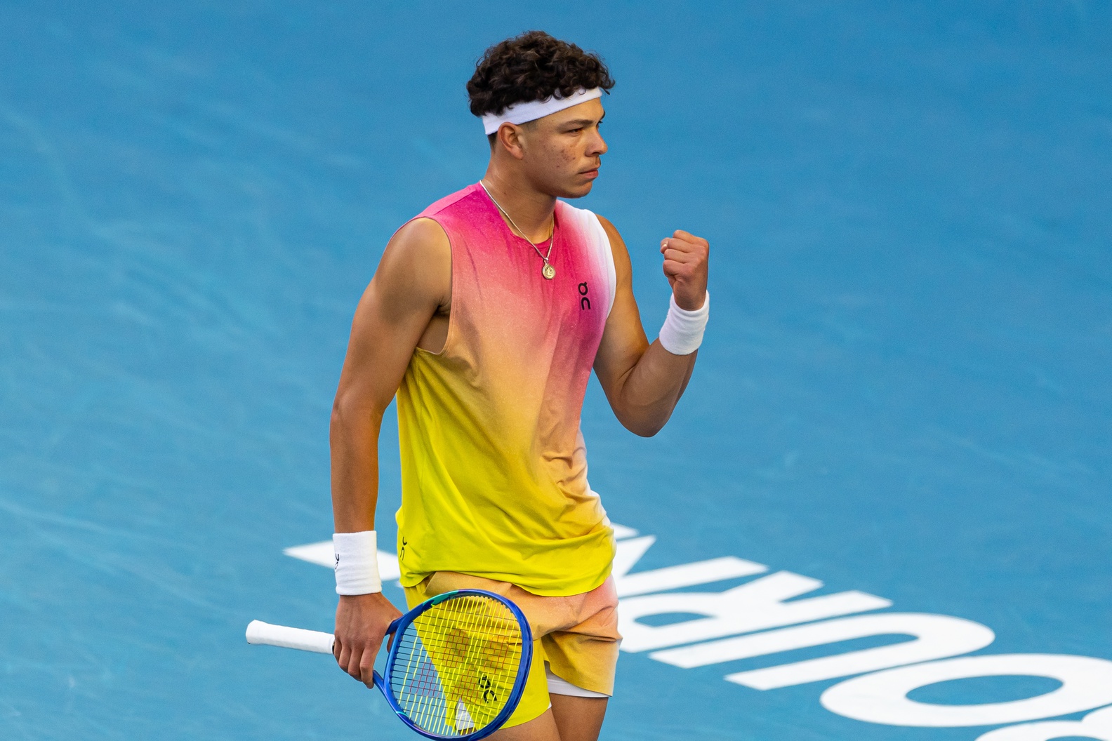 Jan 22, 2025; Melbourne, Victoria, Australia; Ben Shelton of United States of America celebrates during his match against Lorenzo Sonego of Italy in the quarterfinals of the men's singles at the 2025 Australian Open at Melbourne Park.