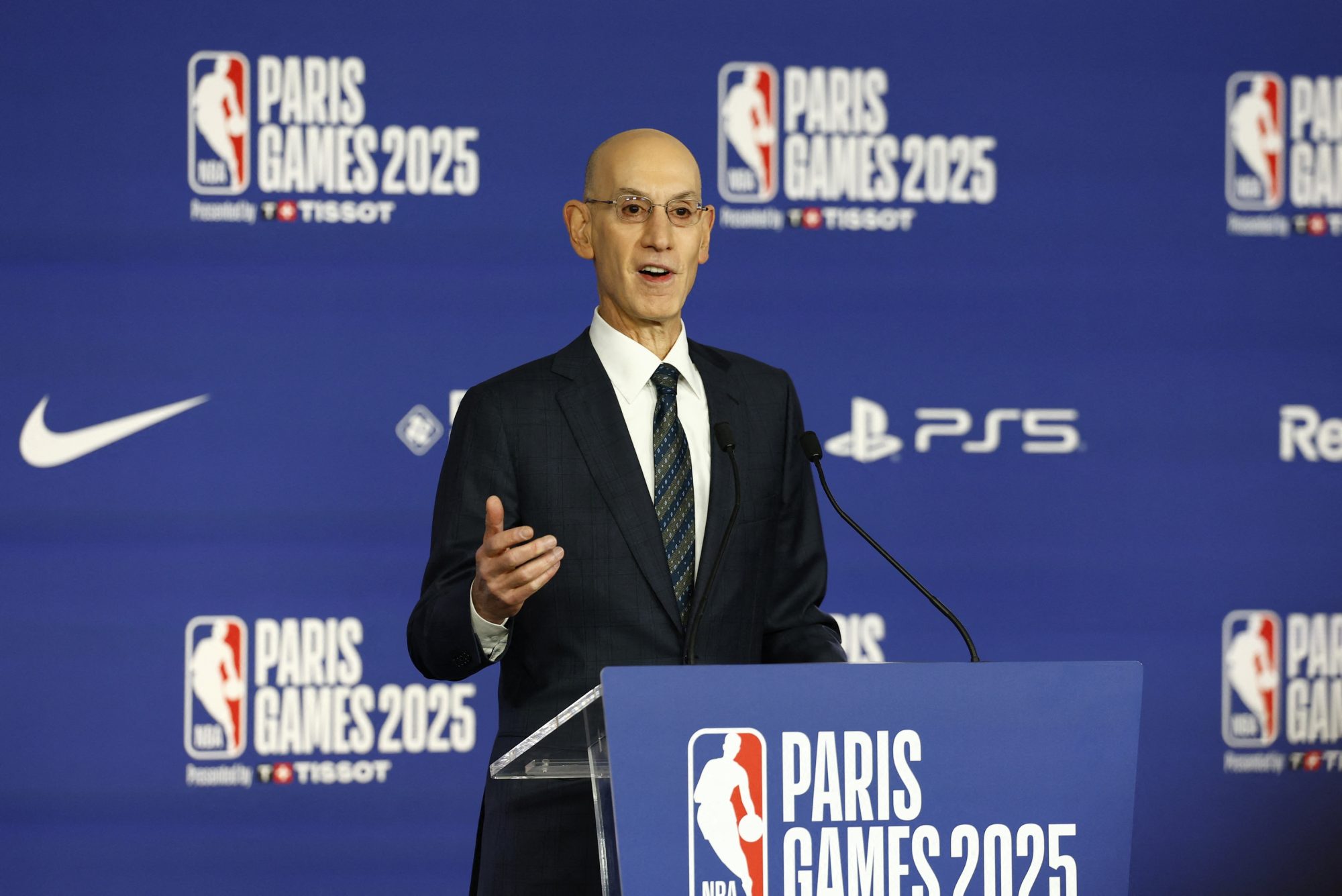 [US, Mexico, & Canada customers only] Jan 23, 2025; Paris, FRANCE; NBA commissioner Adam Silver speaks before the Paris Games 2025 NBA basketball game between the San Antonio Spurs and Indiana Pacers at Accor Arena.