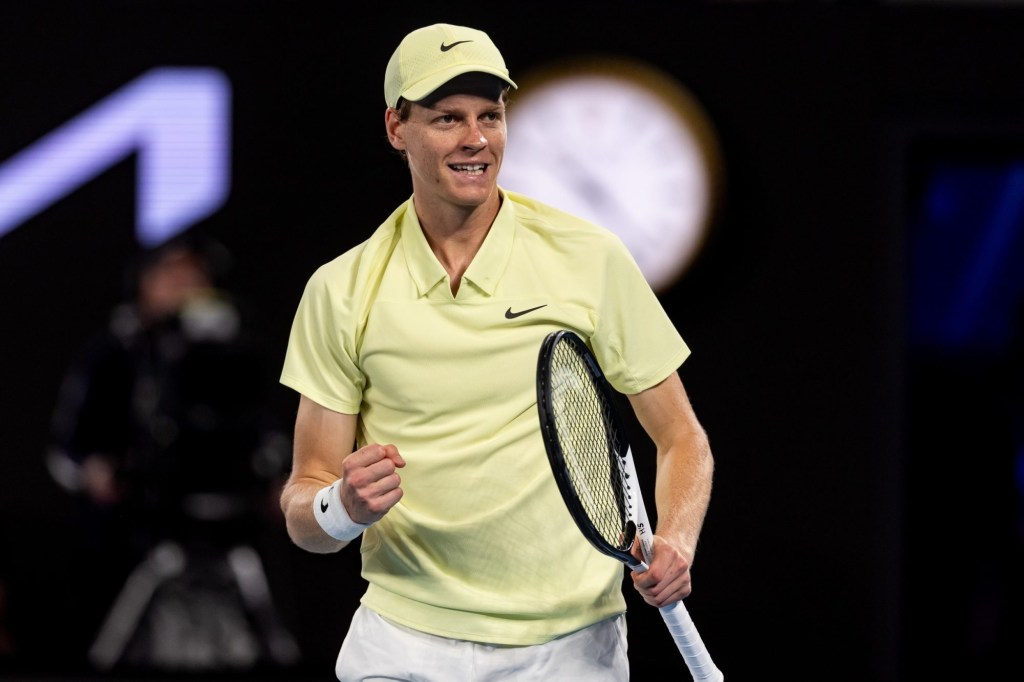 Jan 24, 2025; Melbourne, Victoria, Australia; Jannik Sinner of Italy celebrates during his match against Ben Shelton of United States of America in the semifinals of the men's singles at the 2025 Australian Open at Melbourne Park.