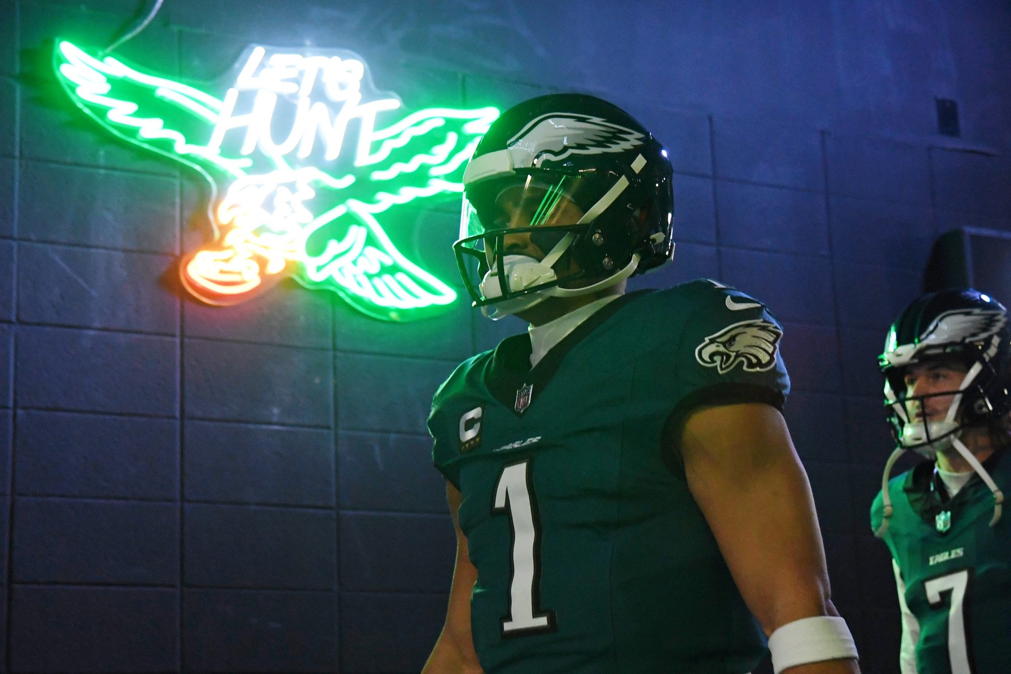 Jan 26, 2025; Philadelphia, PA, USA; Philadelphia Eagles quarterback Jalen Hurts (1) walks in the tunnel before the NFC Championship game at Lincoln Financial Field.