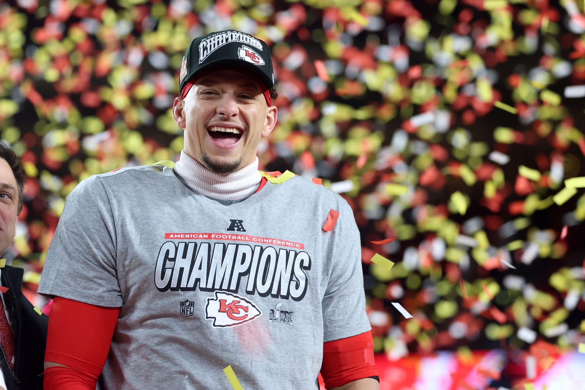 Jan 26, 2025; Kansas City, MO, USA; Kansas City Chiefs quarterback Patrick Mahomes (15) reacts on stage after the AFC Championship game against the Buffalo Bills at GEHA Field at Arrowhead Stadium.