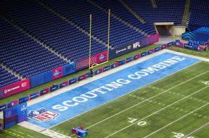 Feb 28, 2024; Indianapolis, IN, USA; The 2024 NFL Scouting Combine logo in the end zone at Lucas Oil Stadium.