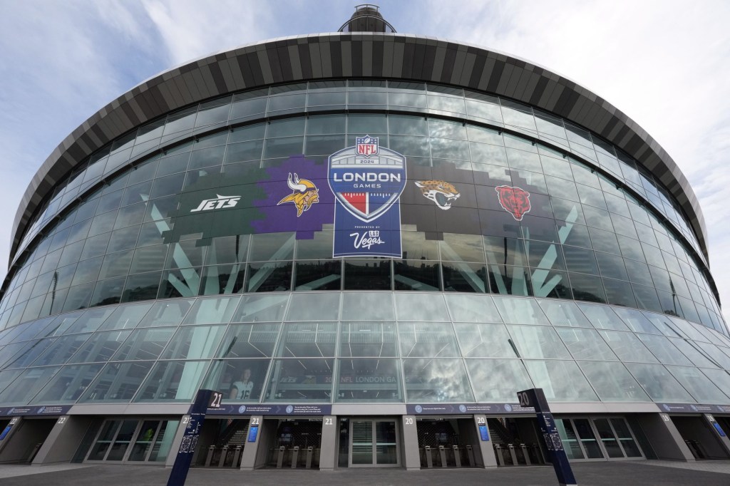 Oct 13, 2024; London, United Kingdom; The 2024 NFL London Games, New York Jets, Minnesota Vikings, Jacksonville Jaguars and Chicago Bears logo on the facade at an NFL International Series game at Tottenham Hotspur Stadium