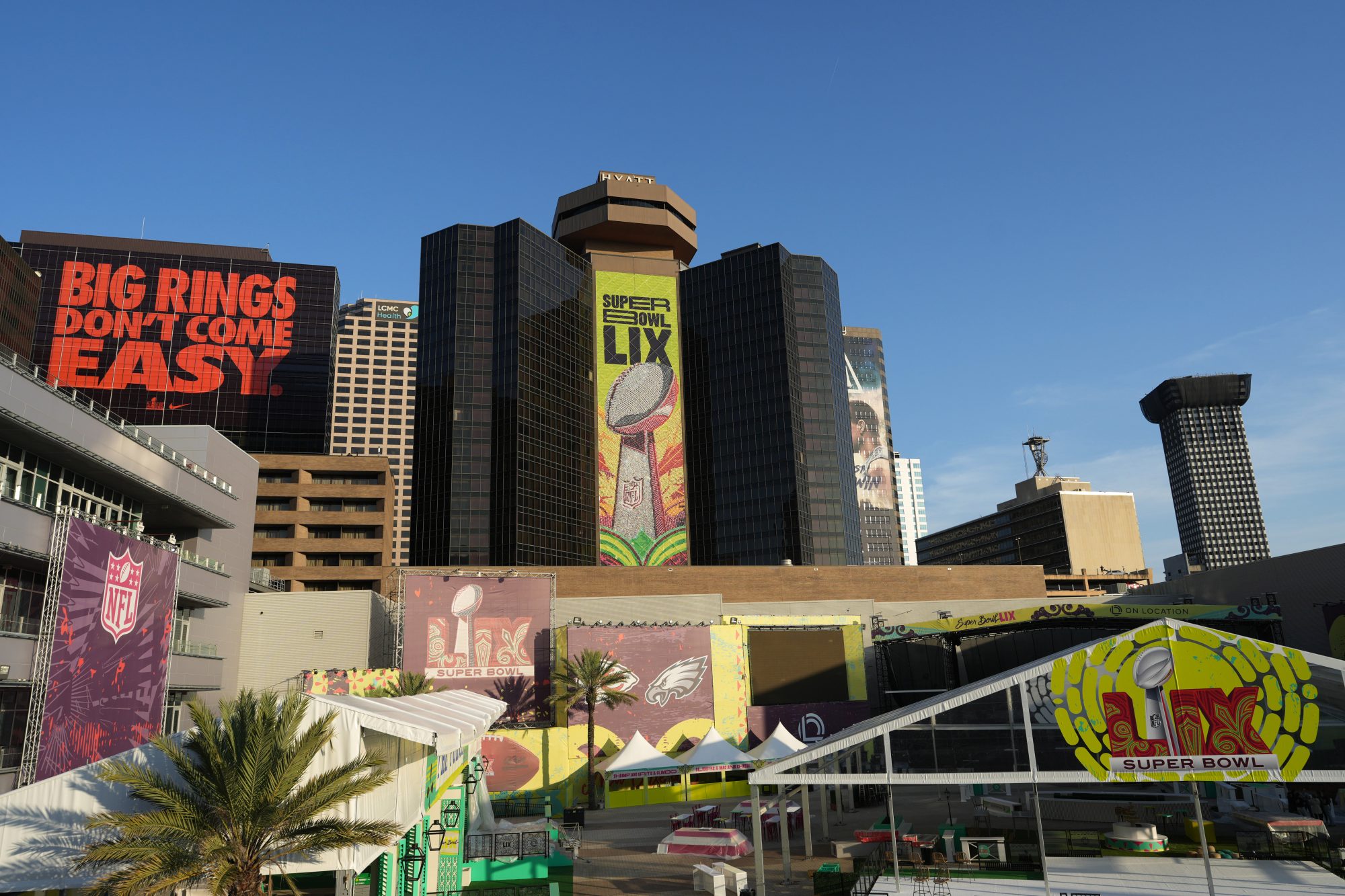 Feb 3, 2025; New Orleans, LA, USA; Super Bowl LIX signage at the Hyatt Hotel.