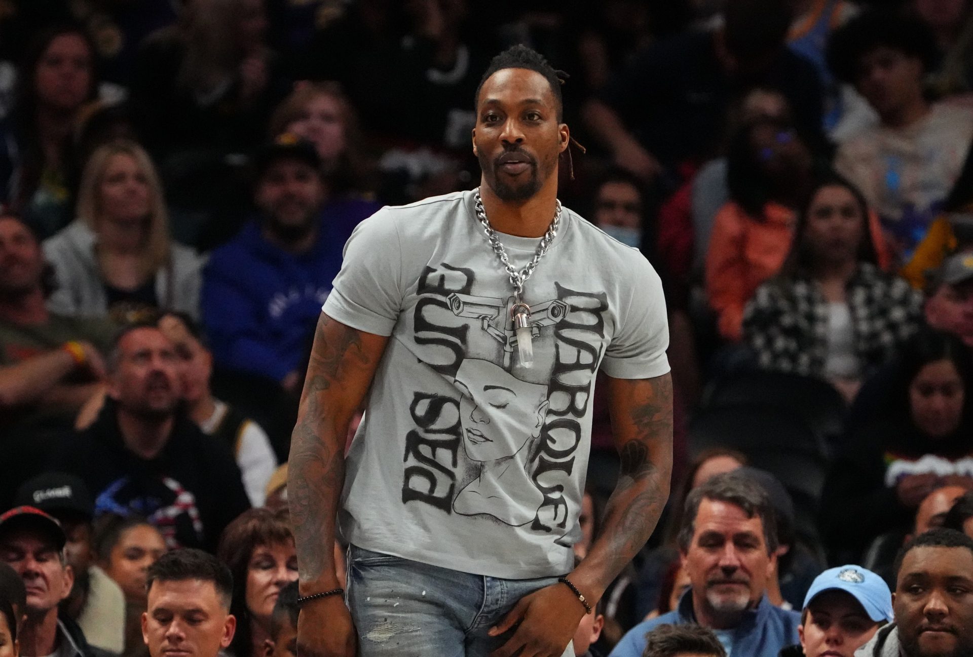 Apr 10, 2022; Denver, Colorado, USA; Los Angeles Lakers center Dwight Howard (39) during the second half against the Denver Nuggets at Ball Arena.