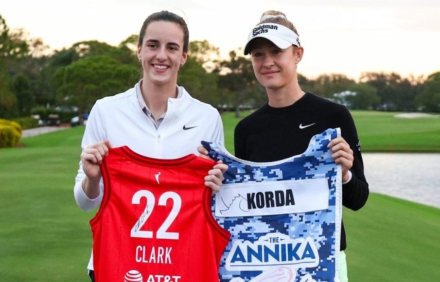 Nov 13, 2024; Belleair, Florida, USA; Indiana Fever guard Caitlin Clark (22) (left) and Nelly Korda participate in The Annika golf tournament Pro Am at Pelican Golf Club.