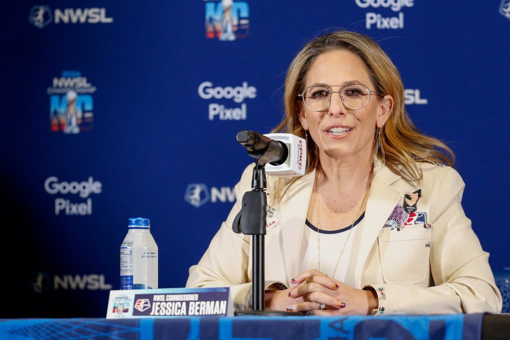 Nov 22, 2024; Kansas City, Missouri, USA; National Womens Soccer League commissioner Jessica Berman answers a question during a press conference ahead of the 2024 NWSL Championship match between the Orlando Pride and the Washington Spirit at CPKC Stadium.