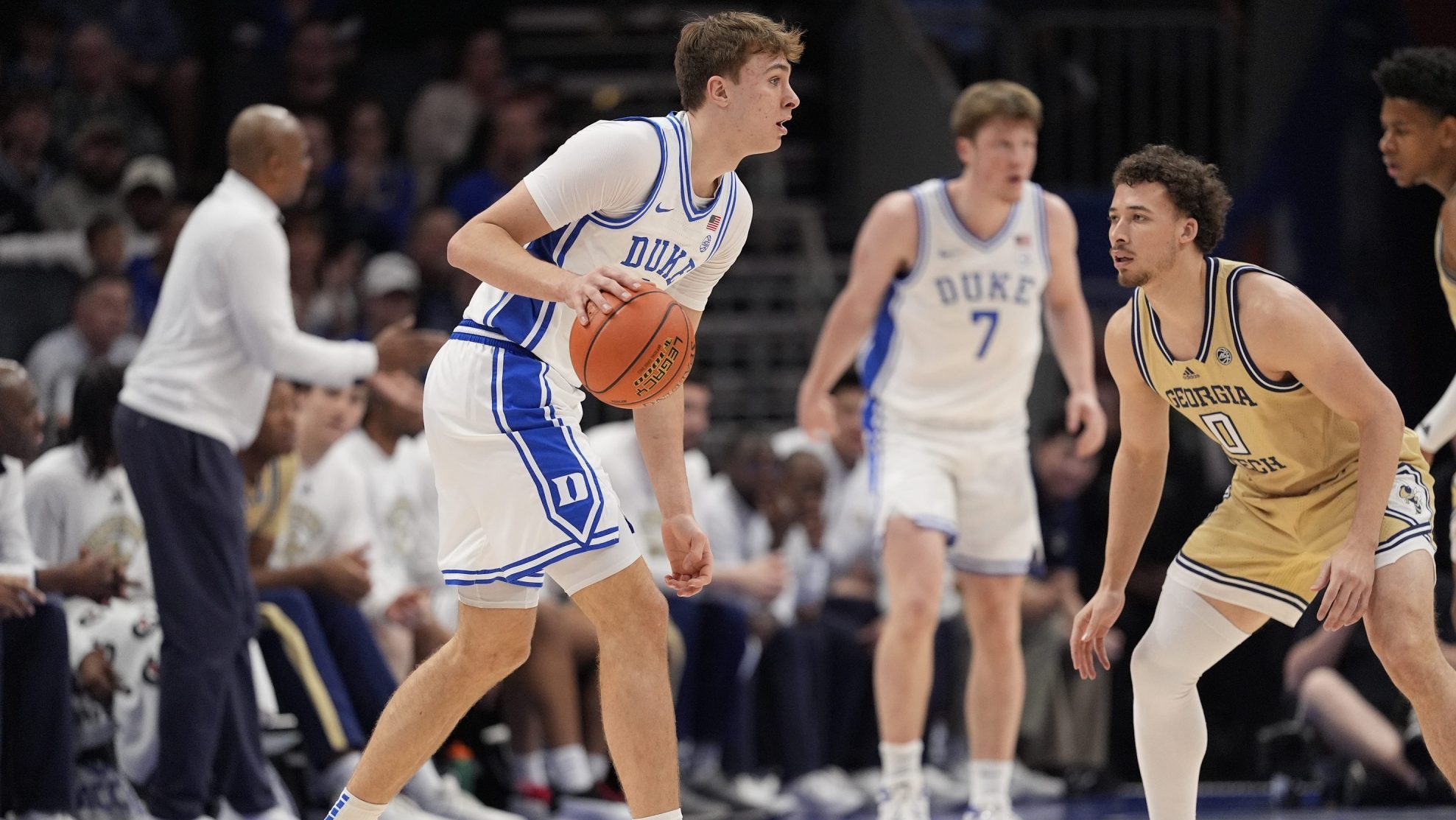 Mar 13, 2025; Charlotte, NC, USA; Duke Blue Devils forward Cooper Flagg (2) looks over the Georgia Tech Yellow Jackets defense during the first half at Spectrum Center.