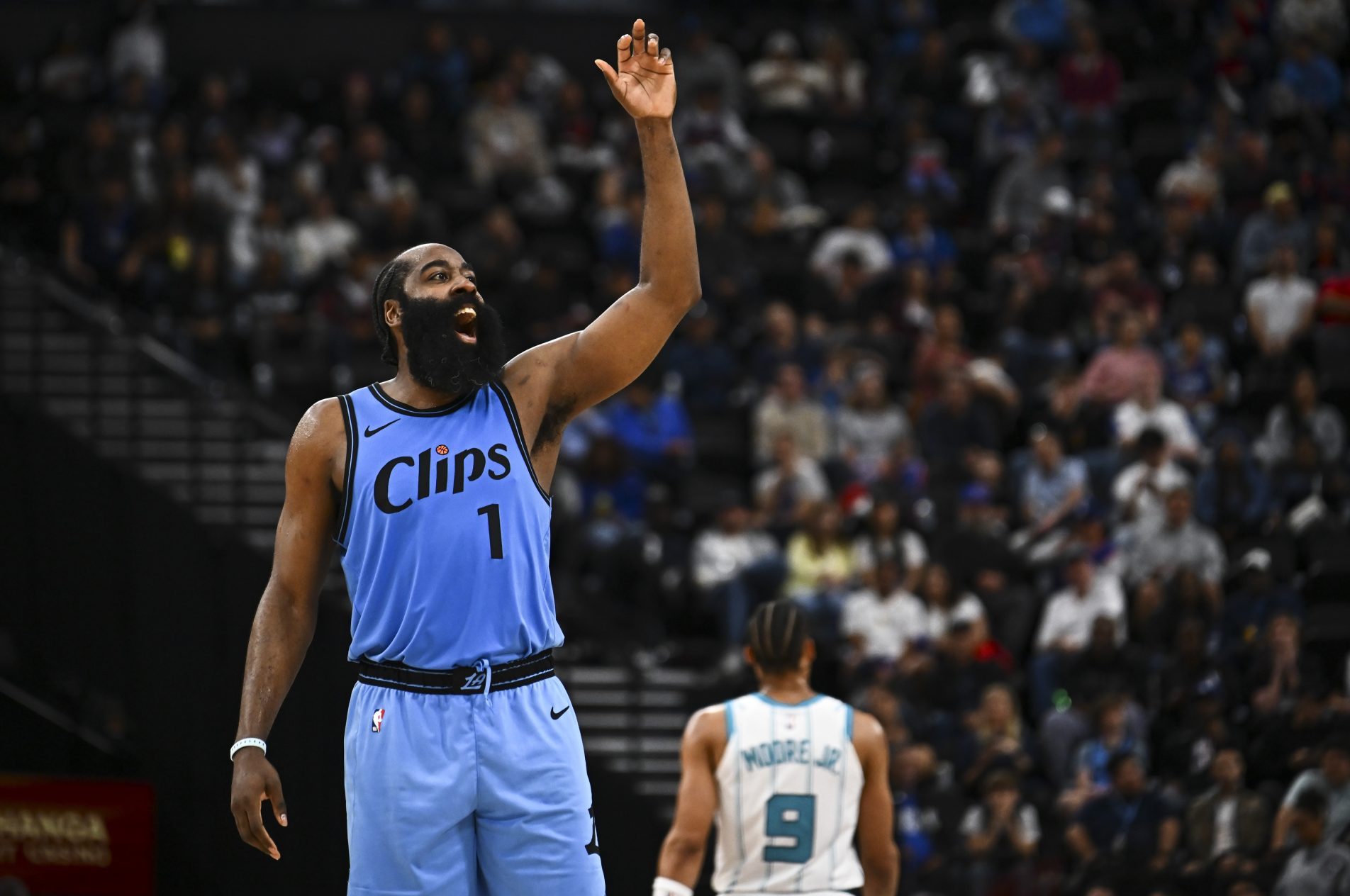 Mar 16, 2025; Inglewood, California, USA; LA Clippers guard James Harden (1) reacts against the Charlotte Hornets during the second half at Intuit Dome.