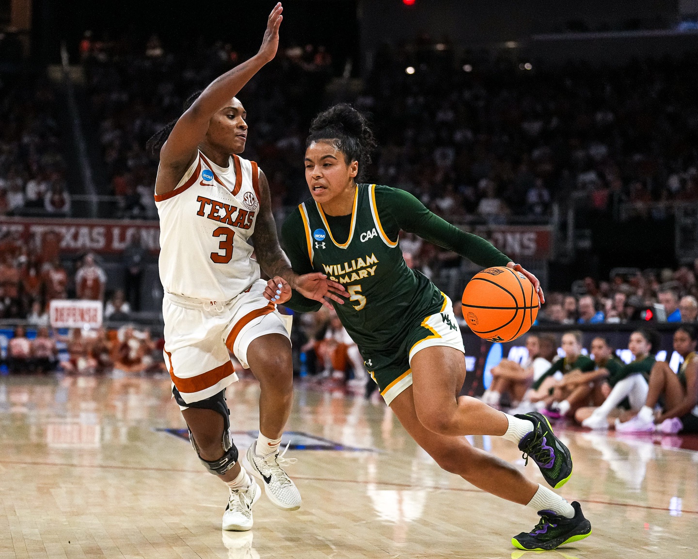 Texas Longhorns guard Rori Harmon (3) guards William & Mary guard Bella Nascimento (5) during the first round NCAA playoff game at the Moody Center on Saturday, March 22, 2025.