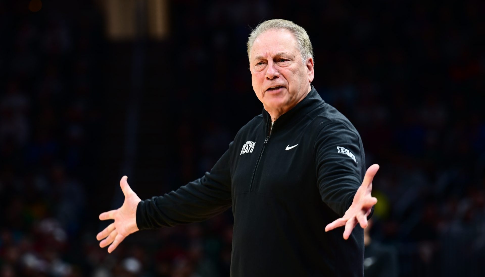 Mar 23, 2025; Cleveland, OH, USA; Michigan State Spartans head coach Tom Izzo reacts in the first half against the New Mexico Lobos during the NCAA Tournament Second Round at Rocket Arena.