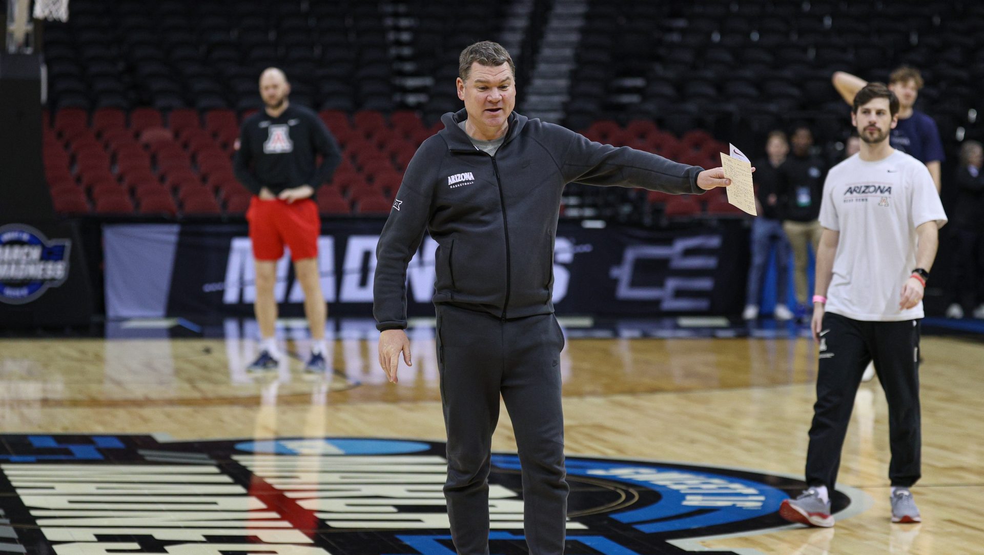 Mar 26, 2025; Newark, NJ, USA; Arizona Wildcats head coach Tommy Lloyd during a practice session in preparation for an East Regional semifinal game against the Duke Blue Devils at Prudential Center.