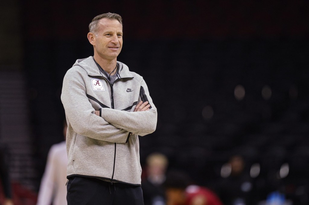 Mar 26, 2025; Newark, NJ, USA; Alabama Crimson Tide head coach Nate Oats during a practice session in preparation for an East Regional semifinal game against the Brigham Young Cougars at Prudential Center.