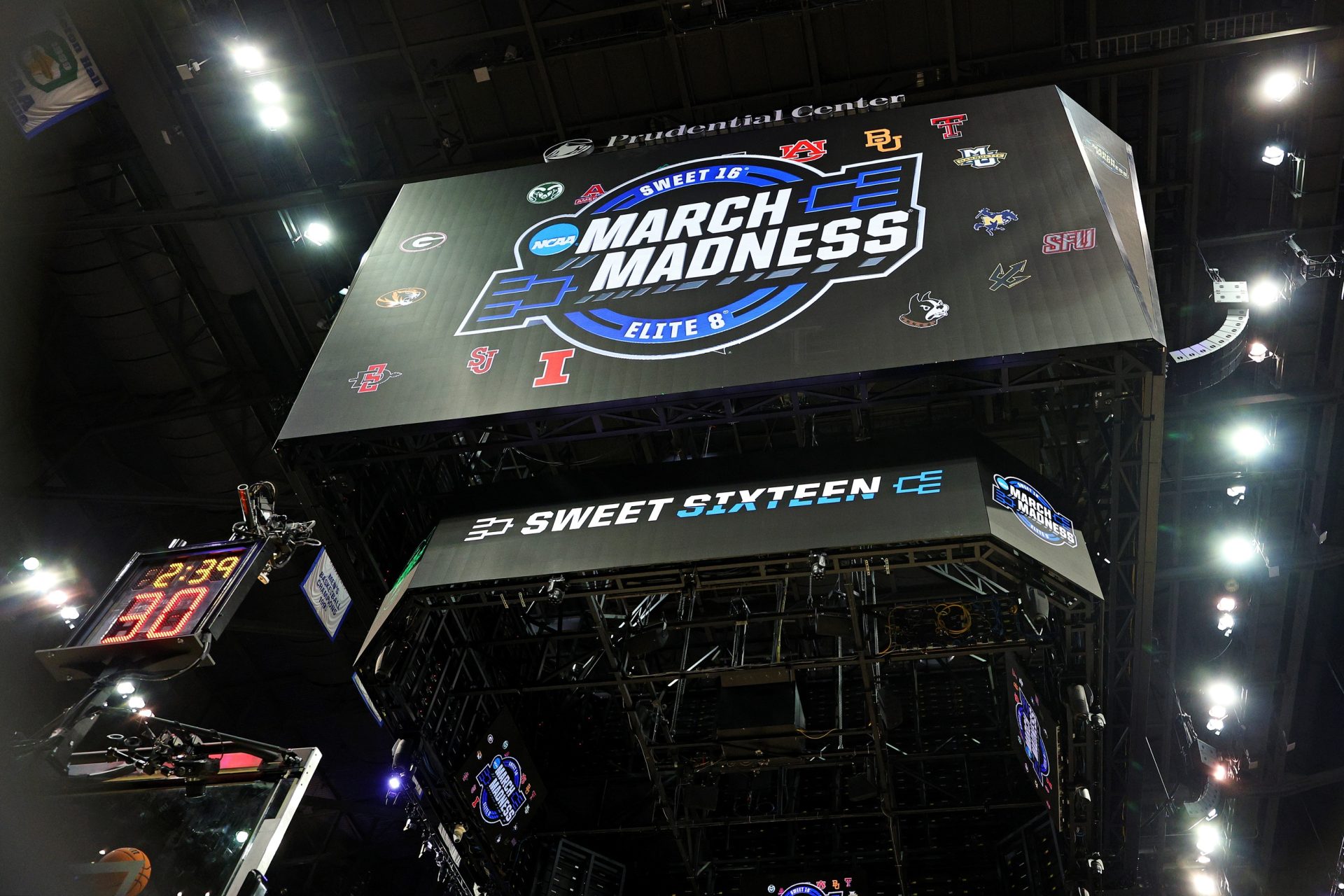 Mar 27, 2025; Newark, NJ, USA; A view of March Madness signage and the court before an East Regional semifinal of the 2025 NCAA tournament between the Alabama Crimson Tide and the Brigham Young Cougars at Prudential Center.