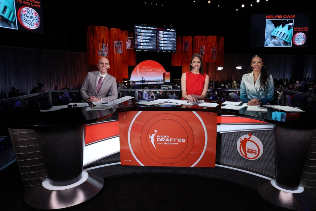 New York, NY - April 14, 2025 - The Shed: Ryan Ruocco, Rebecca Lobo and Andraya Carter during the 2025 WNBA Draft presented by State Farm