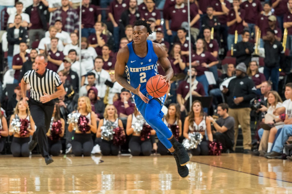 Feb 10, 2018; College Station, TX, USA; Kentucky Wildcats guard Jarred Vanderbilt (2) dribbles the ball up the floor during the first half against the Texas A&M Aggies at Reed Arena