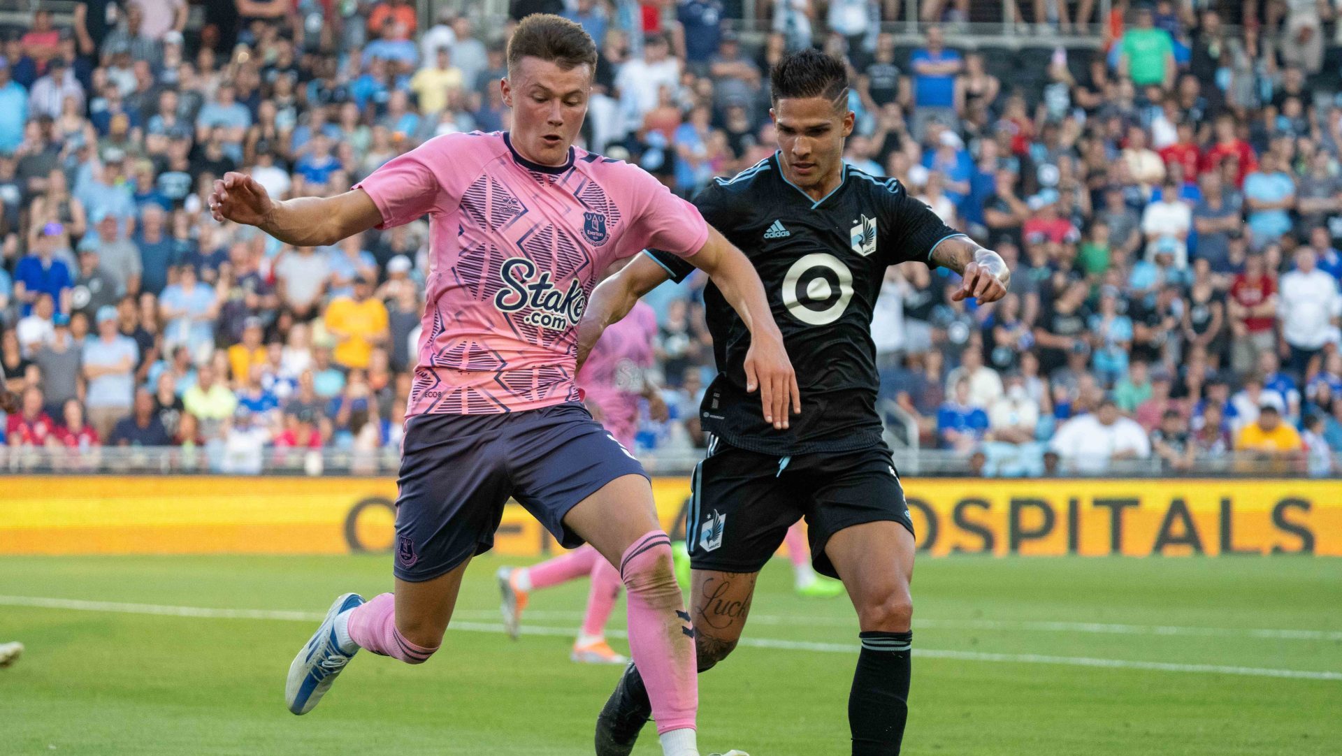 Jul 20, 2022; Minneapolis, MN, USA; Everton defender Nathan Patterson (3) challenged by Minnesota United forward Luis Amarilla (9) in the first half at Allianz Field.