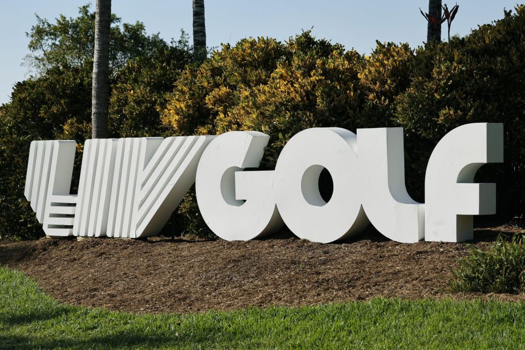 Apr 6, 2024; Miami, Florida, USA; The LIV Golf logo is on display along the 10th hole during the second round of LIV Golf Miami golf tournament at Trump National Doral.