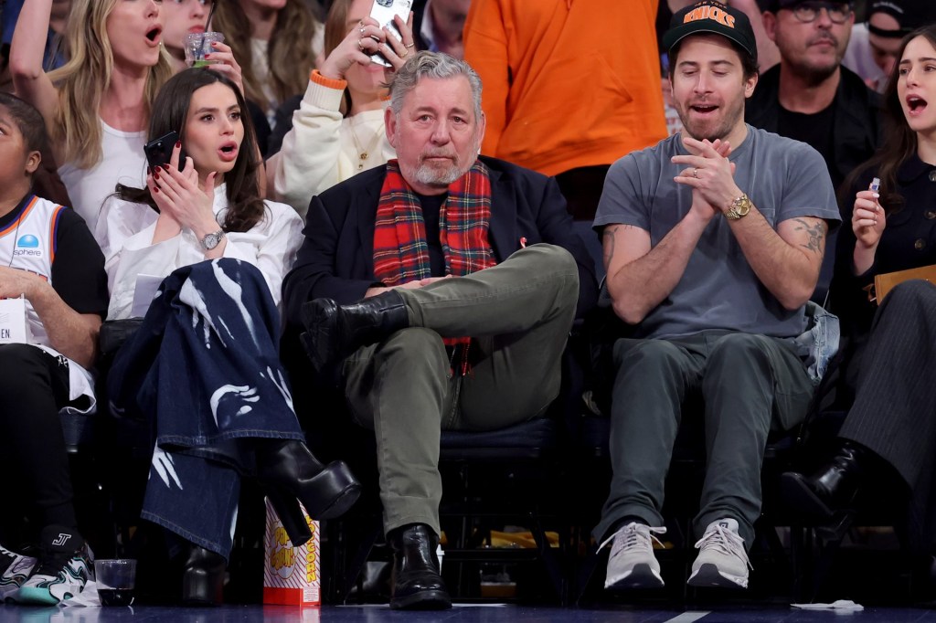 Dec 11, 2024; New York, New York, USA; New York Knicks executive chairman James Dolan sits court side during the second quarter against the Atlanta Hawks at Madison Square Garden.