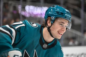 Dec 27, 2024; San Jose, California, USA; San Jose Sharks center Macklin Celebrini (71) skates during warm ups before their game against the Vegas Golden Knights at SAP Center at San Jose