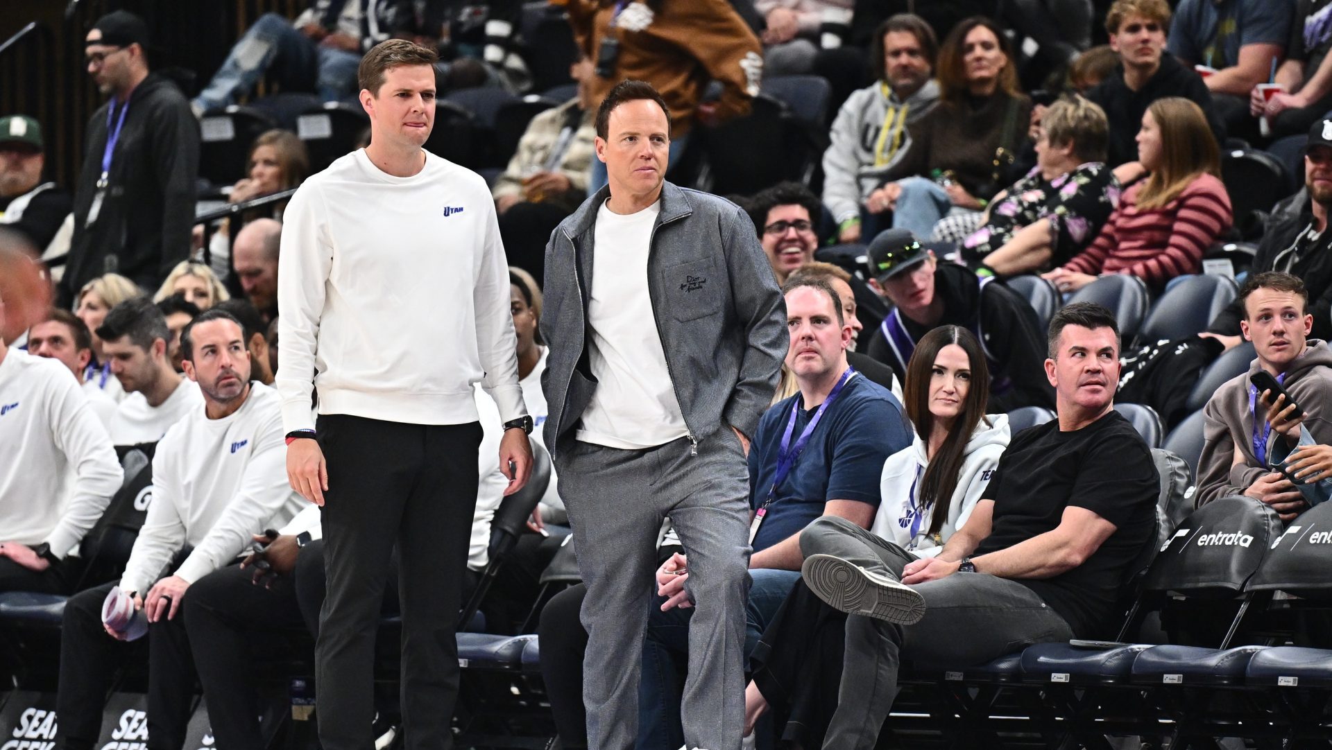 Feb 26, 2025; Salt Lake City, Utah, USA; Utah Jazz owner Ryan Smith walks past head coach Will Hardy in the second half during a game against the Sacramento Kings at Delta Center.