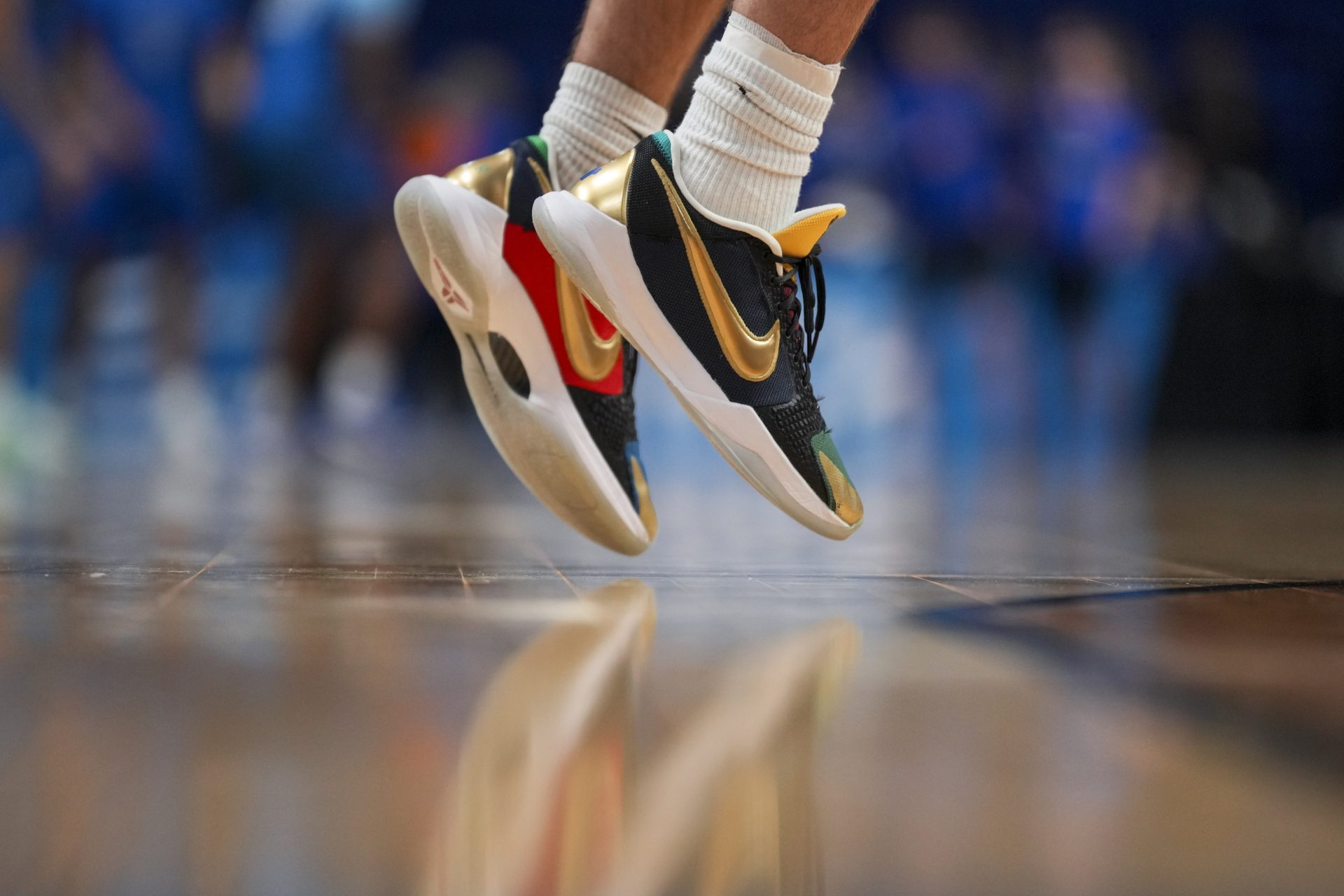 Mar 19, 2025; Lexington, KY, USA; The Nike Kobe shoes worn by a member of the Creighton Bluejays are seen as he shoots during NCAA Tournament First Round Practice at Rupp Arena.