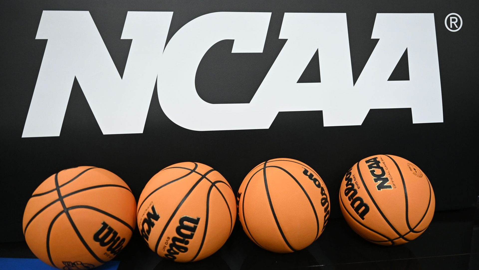 Mar 26, 2025; San Francisco, CA, USA; Detail view of the logo and basketballs during NCAA Tournament West Regional Practice at Chase Center