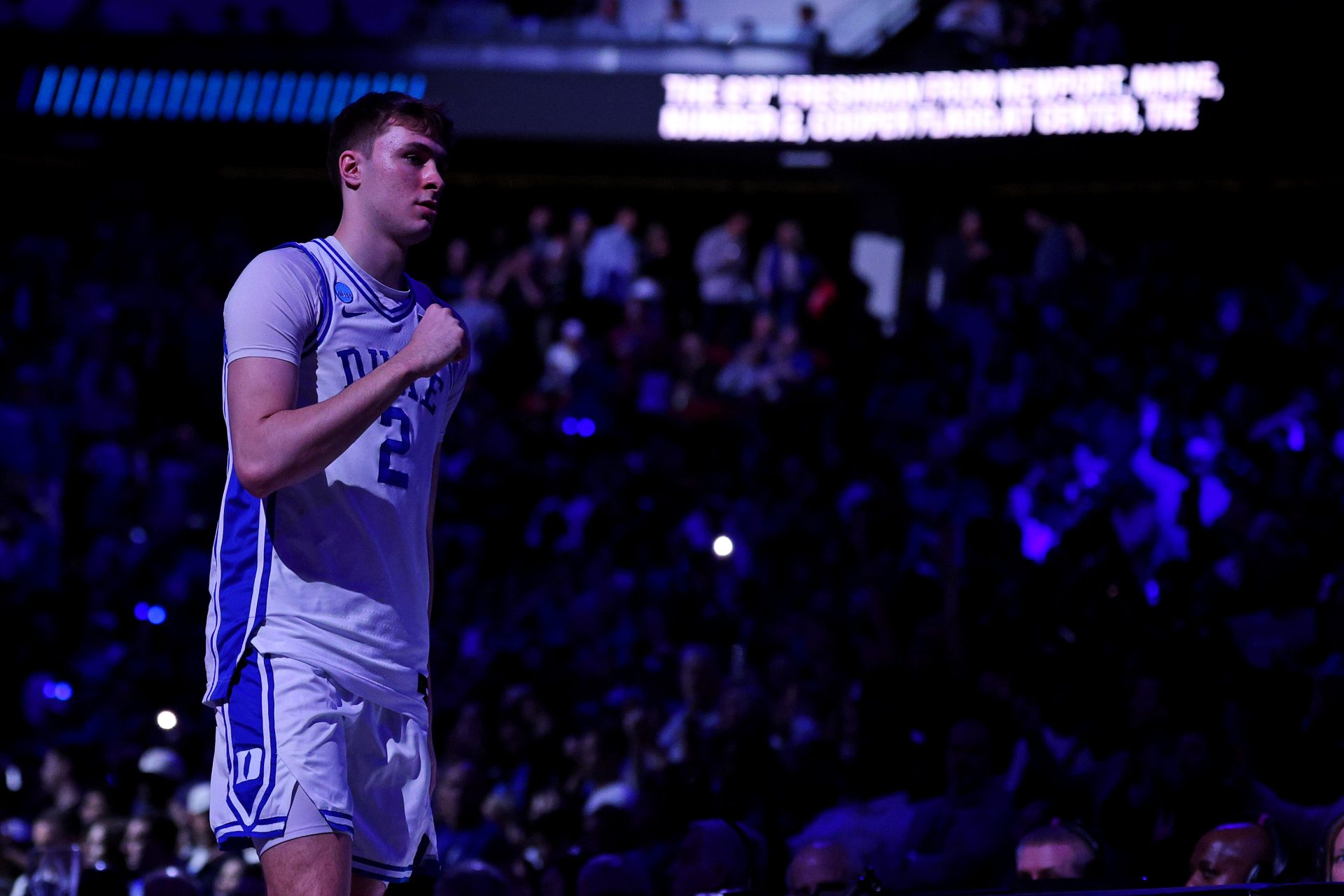 Mar 29, 2025; Newark, NJ, USA; Duke Blue Devils forward Cooper Flagg (2) before playing against the Alabama Crimson Tide in the East Regional final of the 2025 NCAA tournament at Prudential Center.
