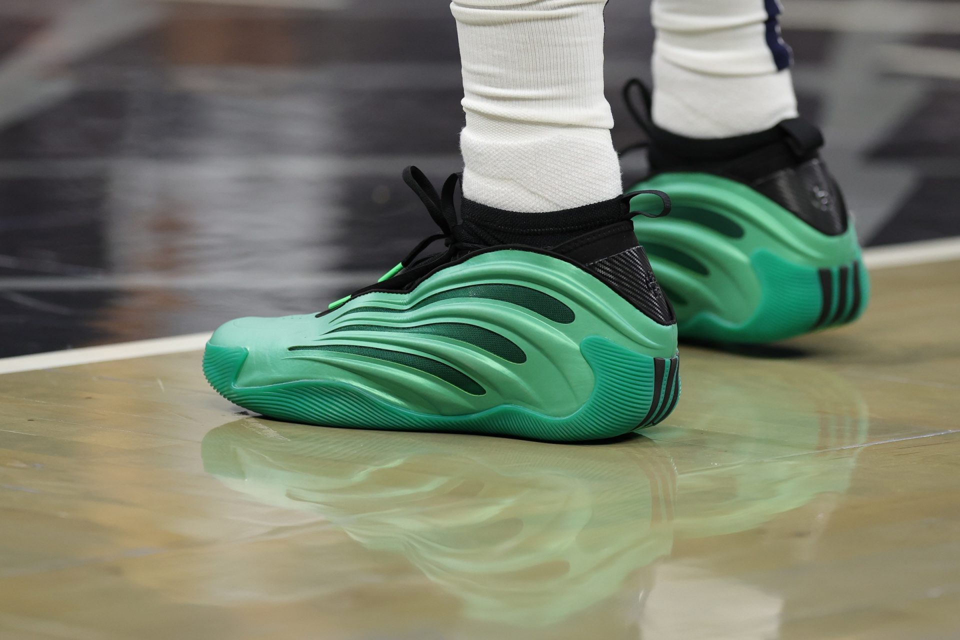 Mar 31, 2025; Orlando, Florida, USA; A detailed view of the shoes worn by LA Clippers guard James Harden (1) during the game against the Orlando Magic at Kia Center.