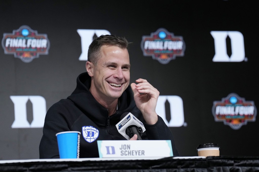 Apr 4, 2025; San Antonio, TX, USA; Duke Blue Devils head coach Jon Scheyer speaks during a press conference after forward Cooper Flagg (2) won the Oscar Robertson Player of the Year award at Alamodome.