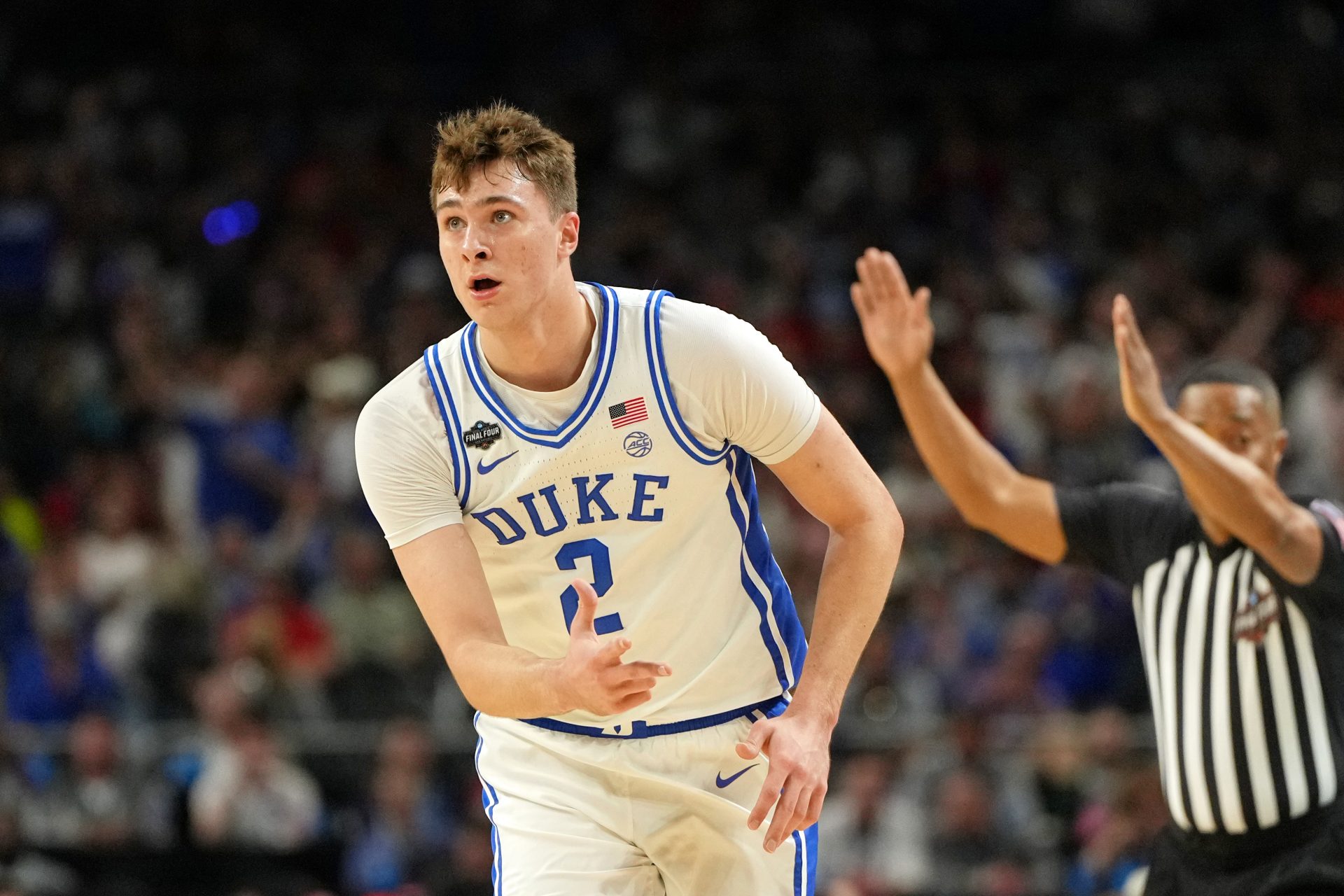 Apr 5, 2025; San Antonio, TX, USA; Duke Blue Devils forward Cooper Flagg (2) reacts after a three point basket against the Houston Cougars during the first half in the semifinals of the men's Final Four of the 2025 NCAA Tournament at the Alamodome.