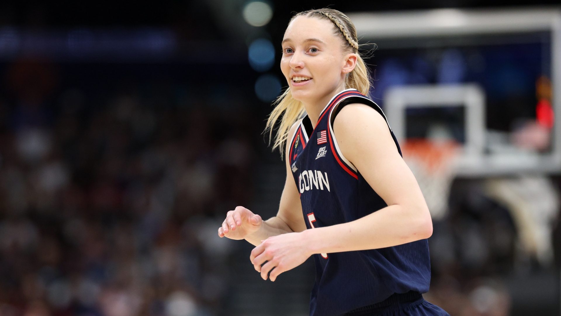 Apr 6, 2025; Tampa, FL, USA; Connecticut Huskies guard Paige Bueckers (5) reacts during the first half against the South Carolina Gamecocks of the national championship of the women's 2025 NCAA tournament at Amalie Arena