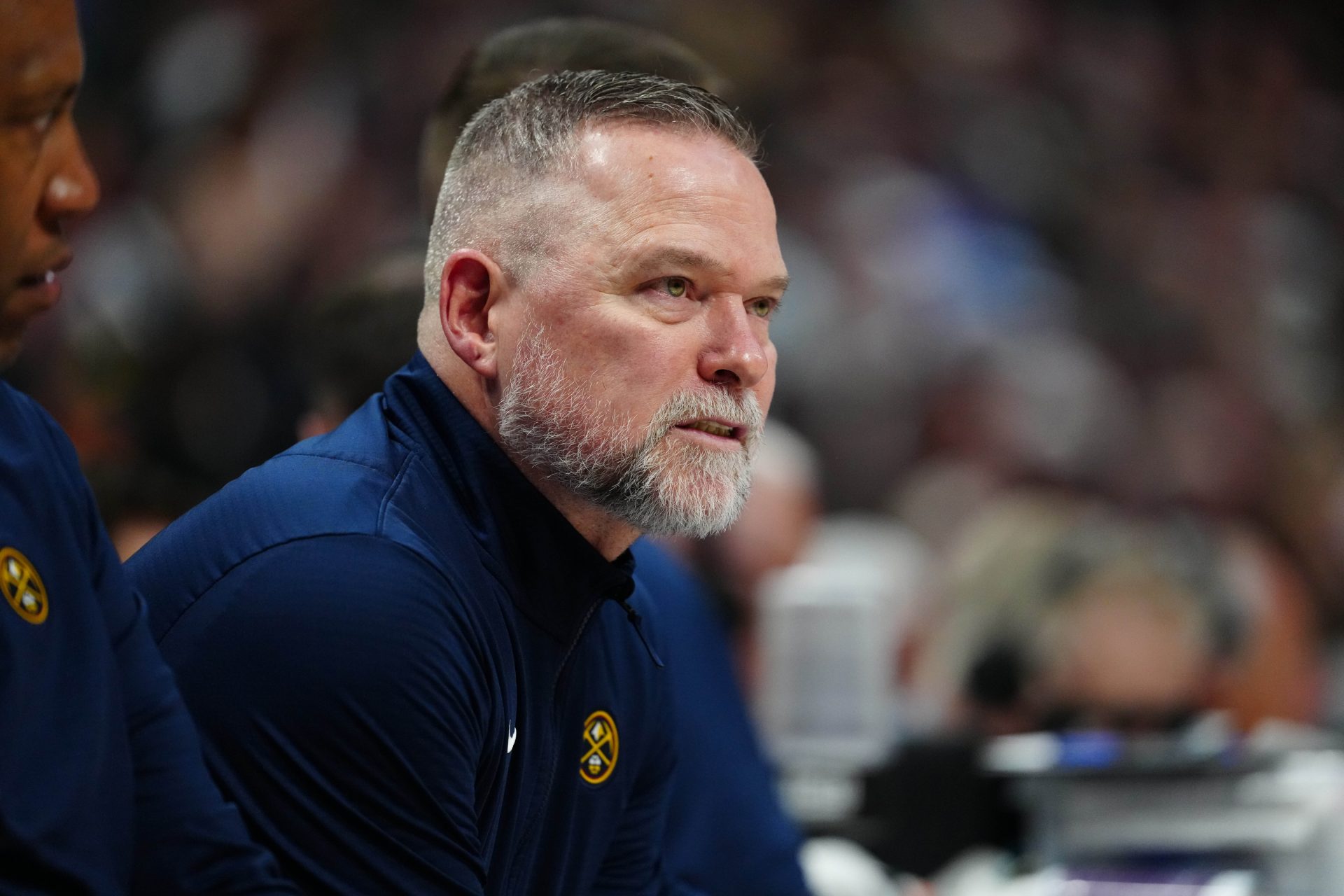 Apr 6, 2025; Denver, Colorado, USA; Denver Nuggets head coach Michael Malone during the second quarter against the Indiana Pacers at Ball Arena.