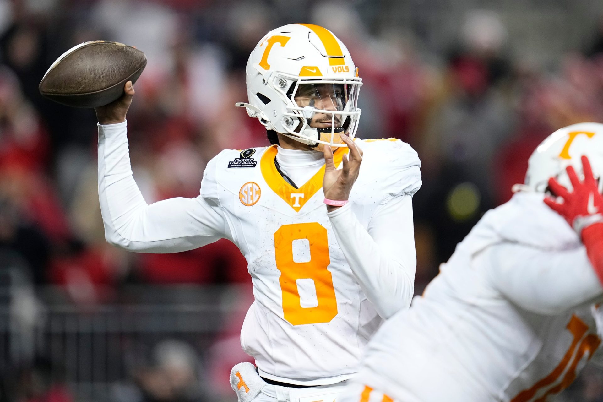 Tennessee Volunteers quarterback Nico Iamaleava (8) throws during the second half of the College Football Playoff first round game against the Ohio State Buckeyes at Ohio Stadium in Columbus on Dec. 22, 2024. Ohio State won 42-17.