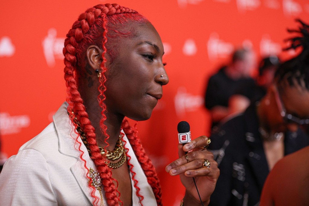 Apr 14, 2025; New York, New York, USA; Saniya Rivers on the orange carpet before the 2025 WNBA Draft at The Shed at Hudson Yards