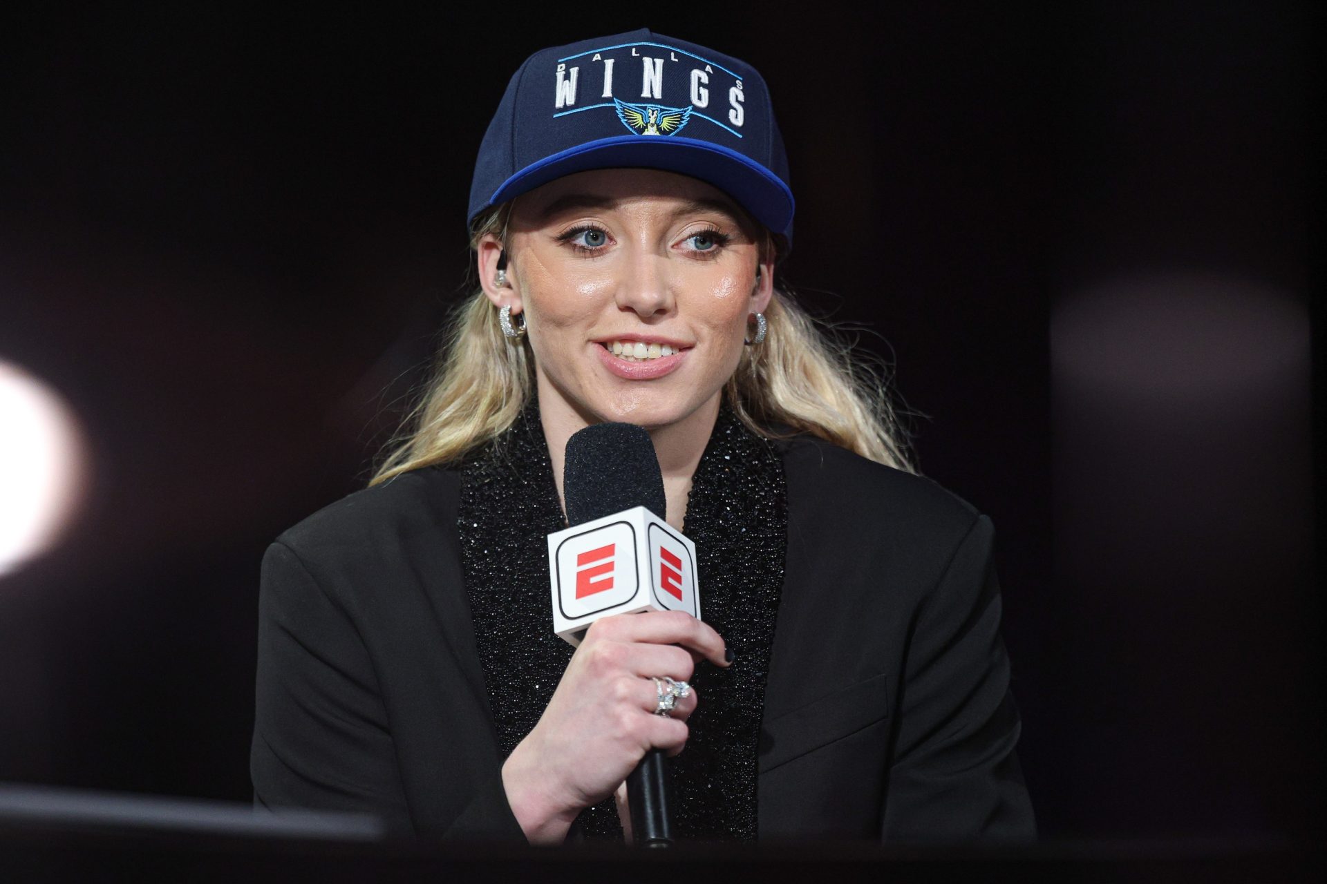 Apr 14, 2025; New York, New York, USA; Paige Bueckers is interviewed by ESPN after being selected with the number one overall pick to the Dallas Wings in the 2025 WNBA Draft at The Shed at Hudson Yards