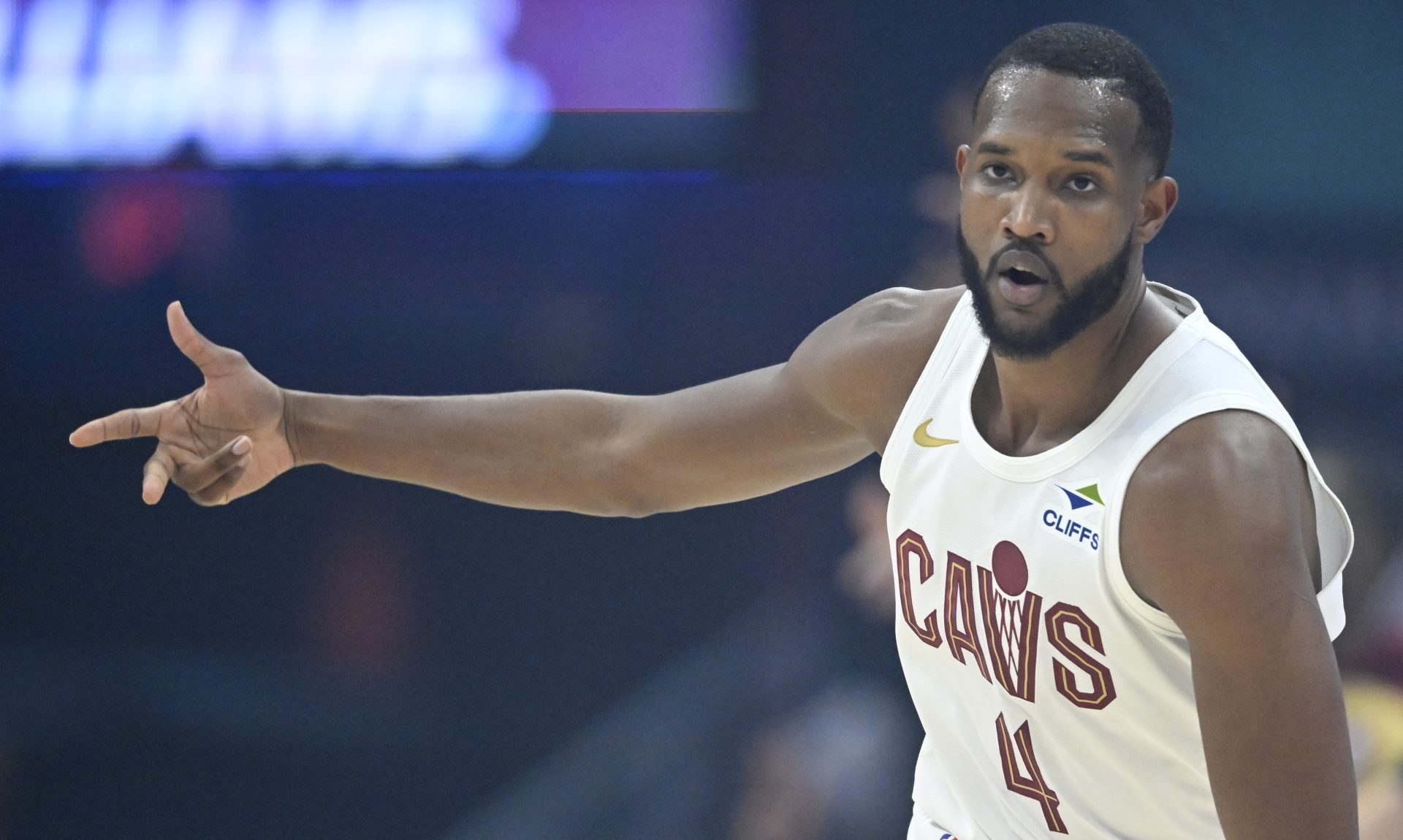 Apr 20, 2025; Cleveland, Ohio, USA; Cleveland Cavaliers forward Evan Mobley (4) celebrates his three-point basket in the first quarter against the Miami Heat at Rocket Arena.