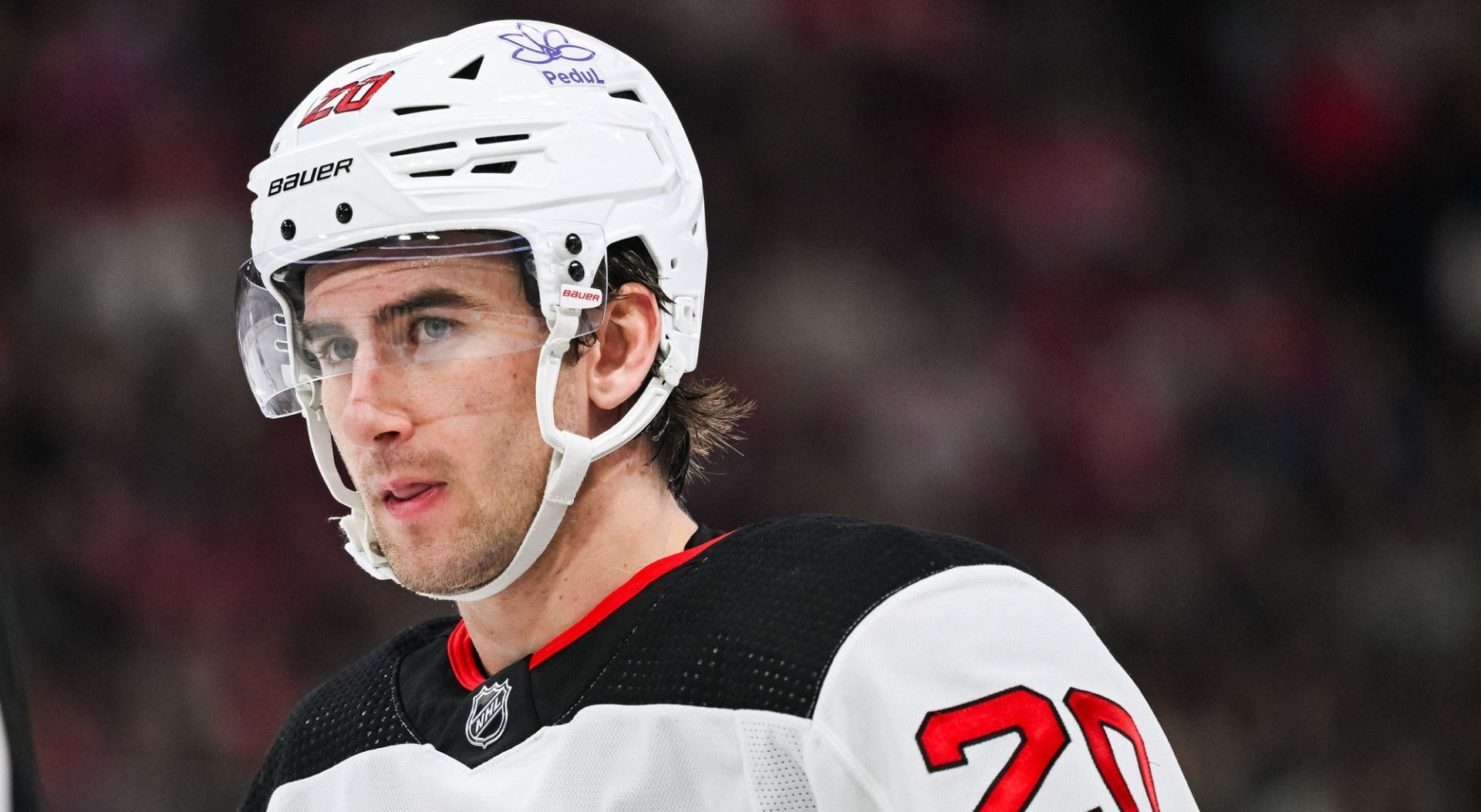 Oct 24, 2023; Montreal, Quebec, CAN; New Jersey Devils center Michael McLeod (20) looks on against the Montreal Canadiens during the third period at Bell Centre