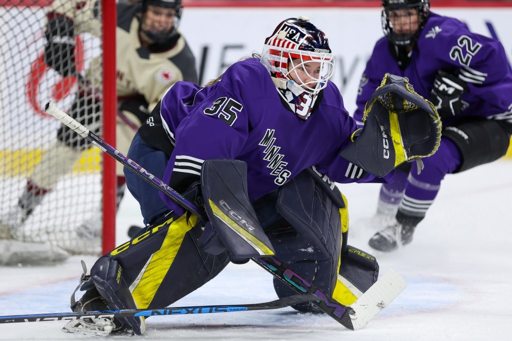 Jan 6, 2024; St. Paul, Minnesota, USA; Minnesota goalie Maddie Rooney (35) defends her net against Montreal during the second period in a PWHL ice hockey game at XCel Energy Center.
