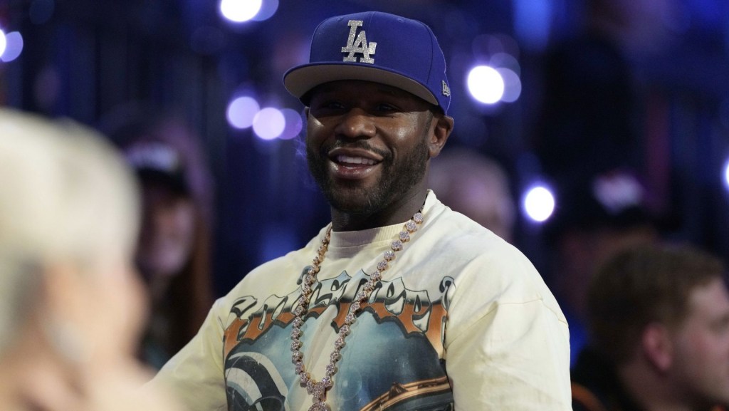 Dec 17, 2024; Las Vegas, Nevada, USA; Floyd Mayweather Jr. during the 1st quarter of the Emirates NBA Cup championship game between the Oklahoma City Thunder and Milwaukee Bucks at T-Mobile Arena.