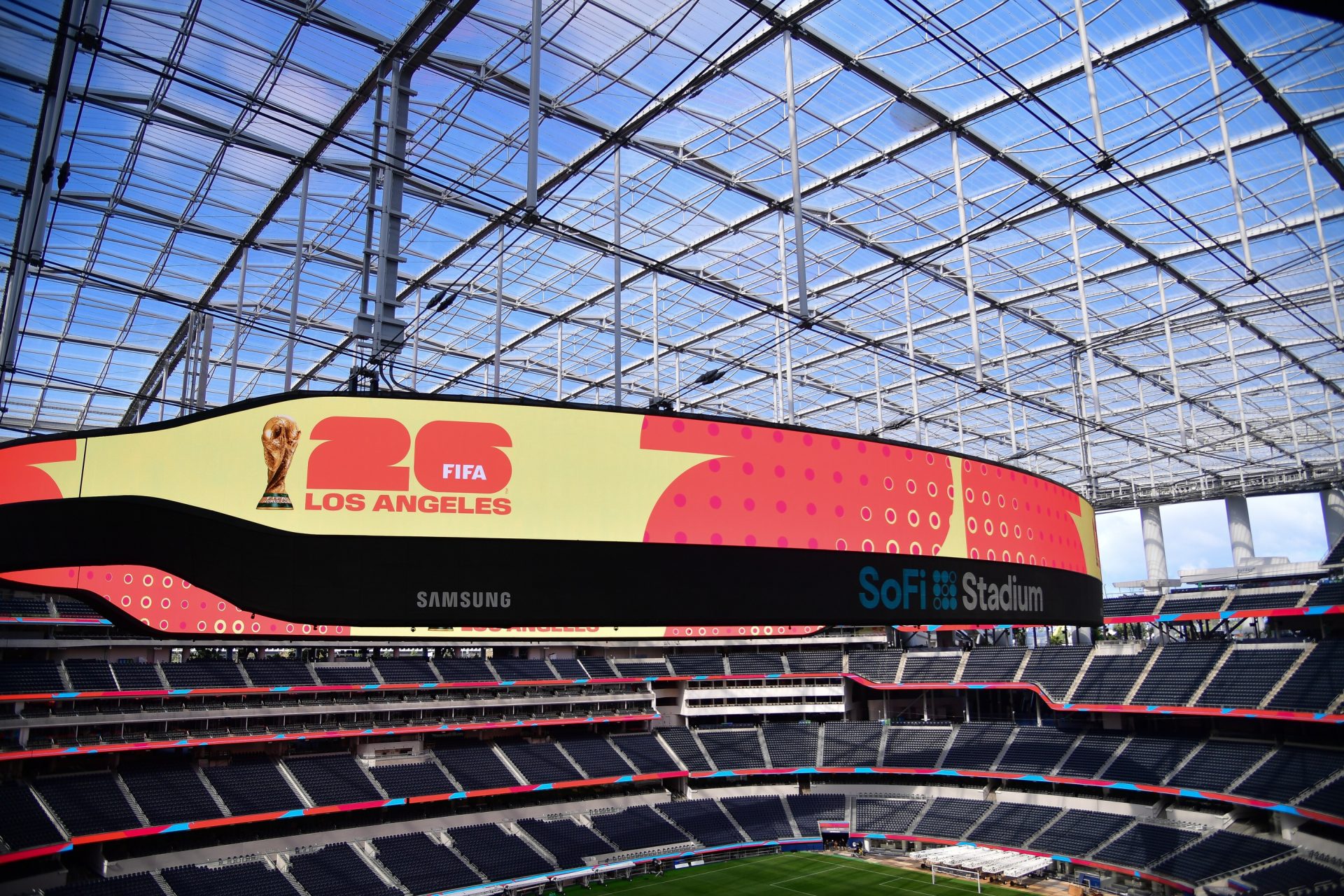 Mar 13, 2025; Inglewood, California, USA; LA World Cup 2026 branding pictured during the unveiling of the new test soccer pitch in anticipation of Nations League play and 2026 World Cup at SoFi Stadium.