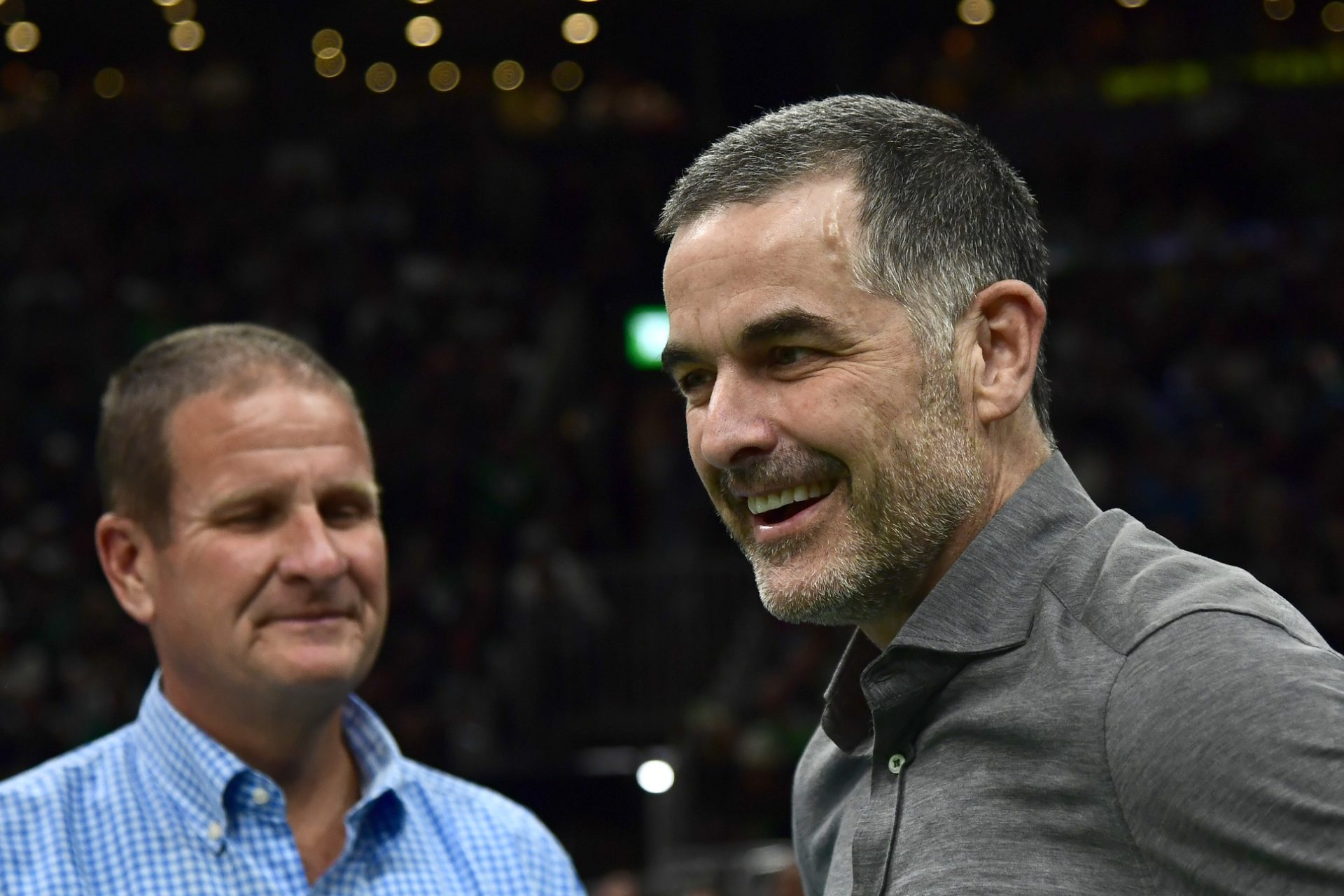 Apr 2, 2025; Boston, Massachusetts, USA; Boston Celtics owner-in-waiting Bill Chisholm is seen during a timeout in a game against the Miami Heat at TD Garden.