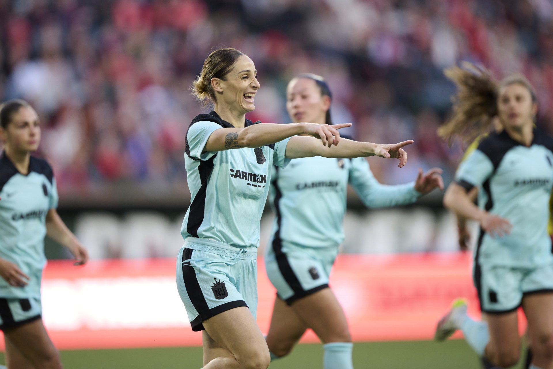 Apr 22, 2025; Portland, Oregon, USA; NJ/NY Gotham FC forward Esther Gonzalez (9) celebrates scoring a goal during the first half against the Portland Thorns FC at Providence Park.