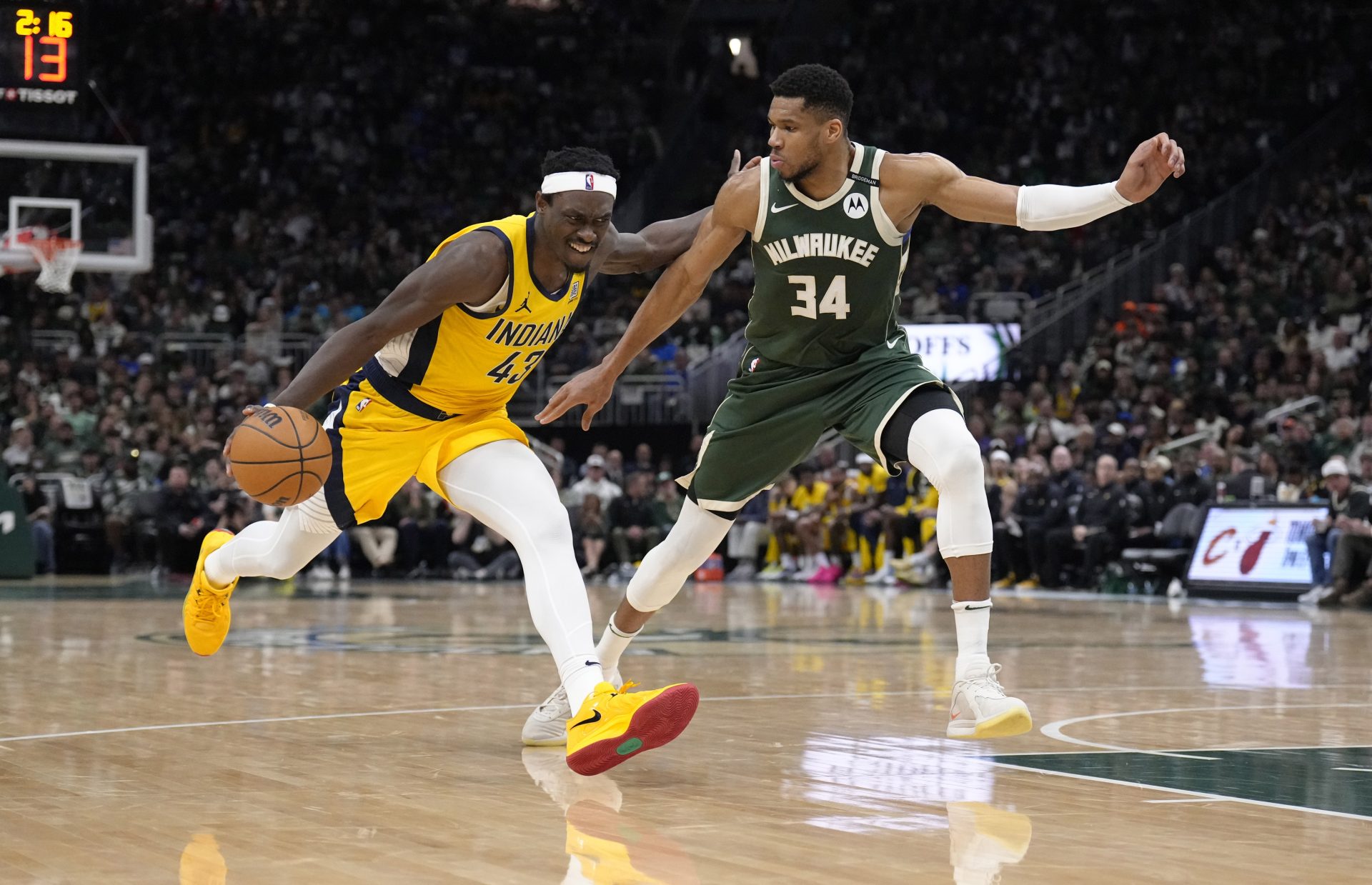 Apr 25, 2025; Milwaukee, Wisconsin, USA; Indiana Pacers forward Pascal Siakam (43) against Milwaukee Bucks forward Giannis Antetokounmpo (34) in the first half during game three of first round for the 2024 NBA Playoffs at Fiserv Forum.