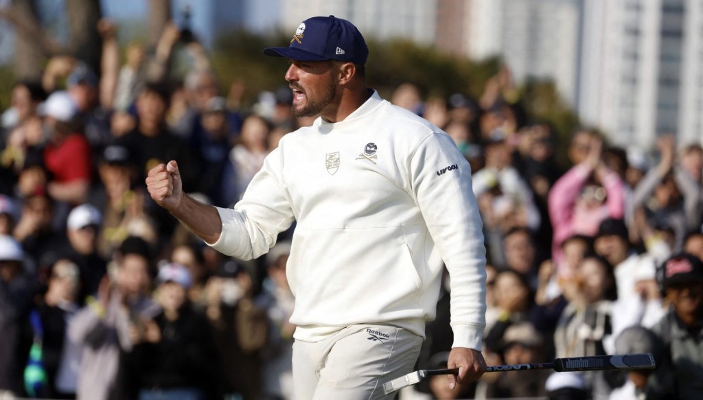 [US, Mexico & Canada customers only] May 4, 2025; Incheon, SOUTH KOREA; Bryson DeChambeau reacts to making a putt during the final round of play at LIV Golf Korea at Jack Nicklaus Golf Club